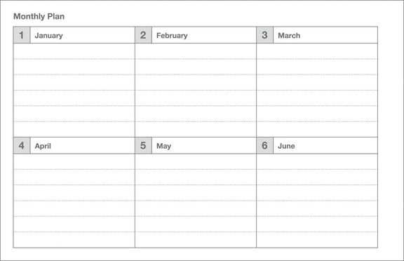 Blank monthly plan calendar with spaces for January to June