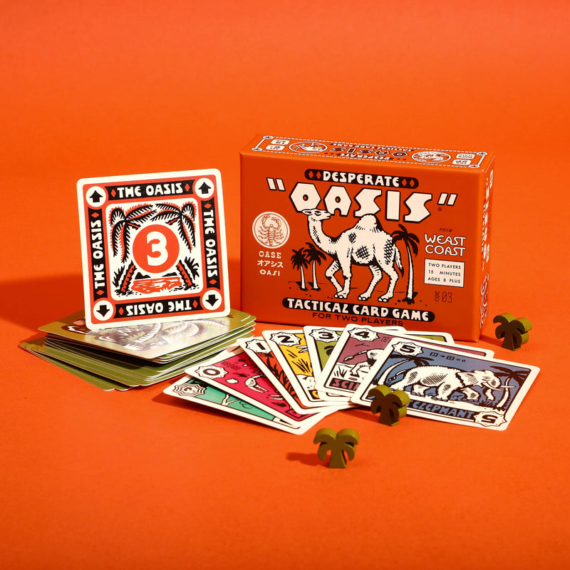 Desperate Oasis tactical card game packaging with cards on an orange background