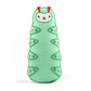 Green caterpillar plush toy with red antennae on a white background