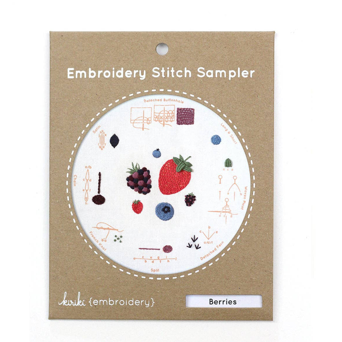 Embroidery stitch sampler with berry designs on a cardboard backing