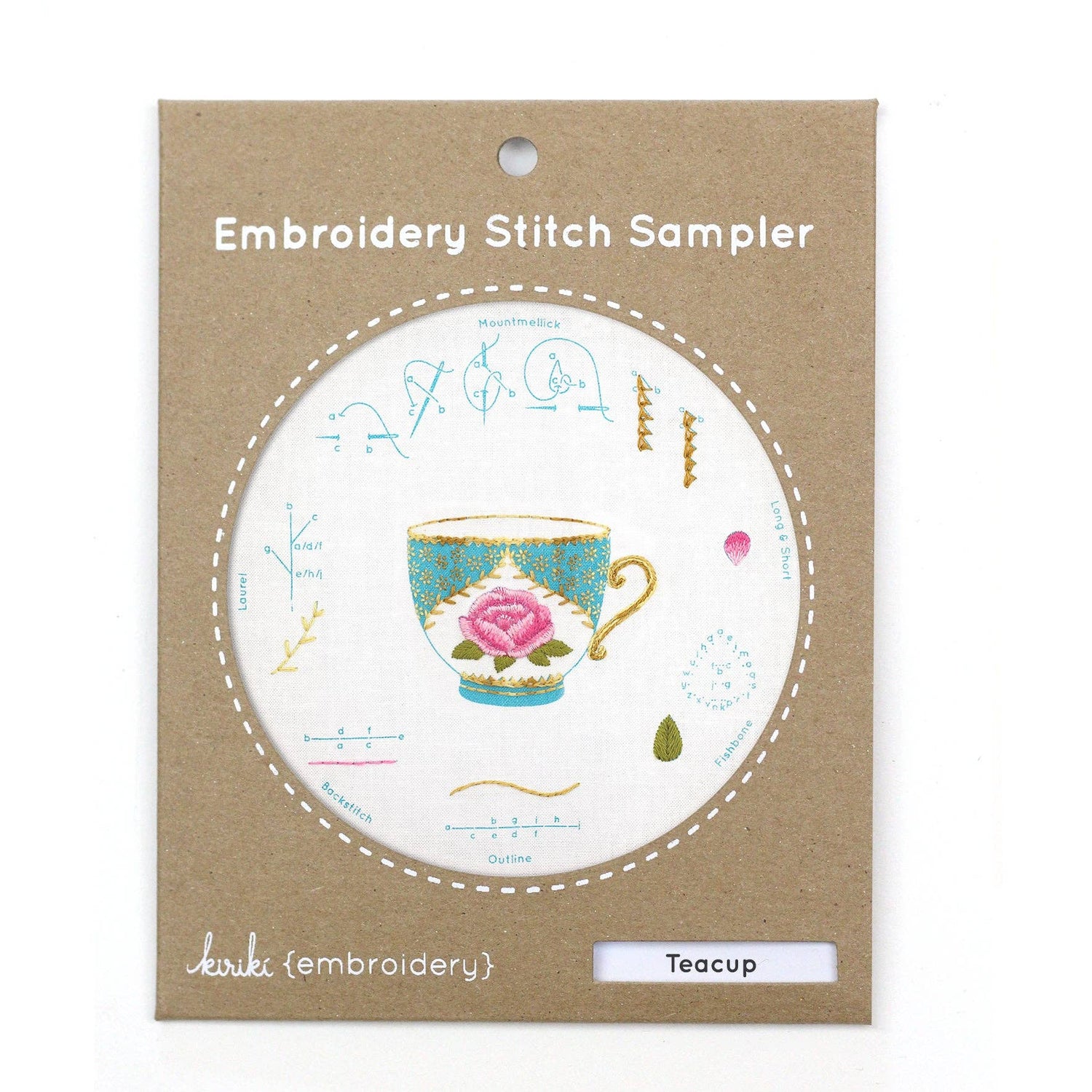 Embroidery stitch sampler with teacup design on a cardboard backing