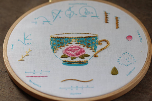 Embroidery hoop with a tea cup design featuring a pink rose.