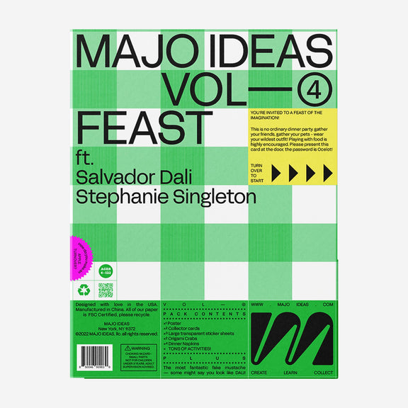 Green album cover with text 'MAJO IDEAS VOL. 4 FEAST' featuring Salvador Dali and Stephanie Singleton on a white background.