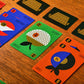 Colorful card game cards on a wooden table