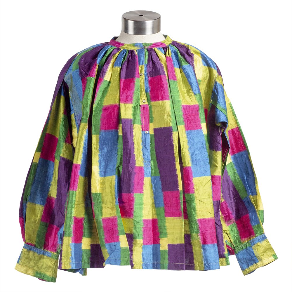 Silk blouse with long sleeves, pleating at neck and bright color block pattern
