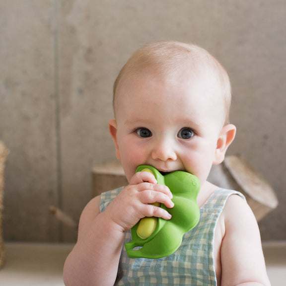Baby holding a green teething toy against a neutral background