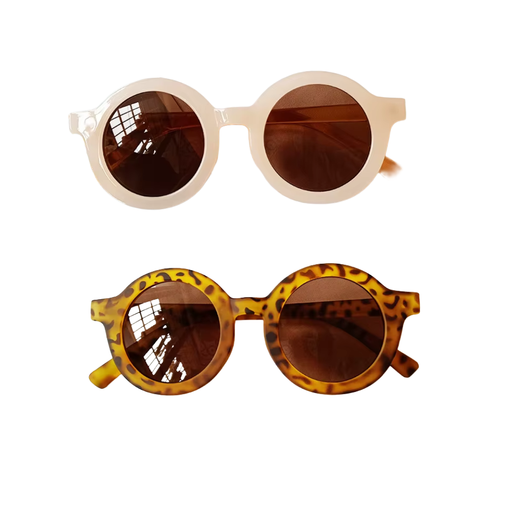 Two pairs of sunglasses with different frame designs on a white background