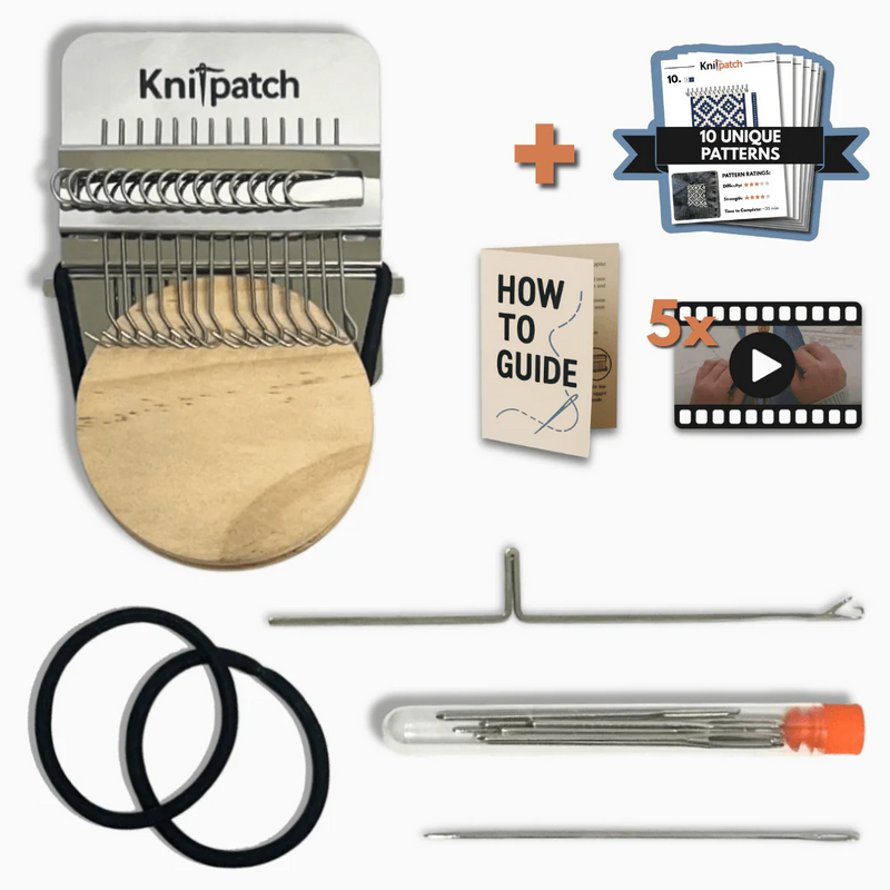 Knitting needle set with accessories and instructional materials on a white background