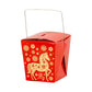 Red takeout box with gold horse design and floral patterns on a white background