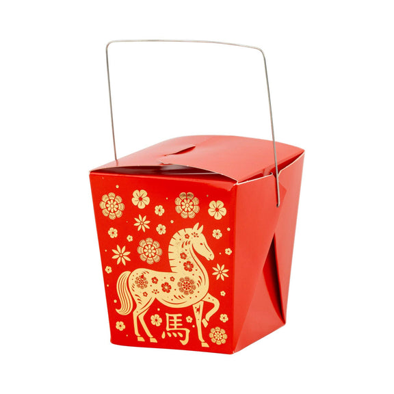 Red takeout box with gold horse design and floral patterns on a white background