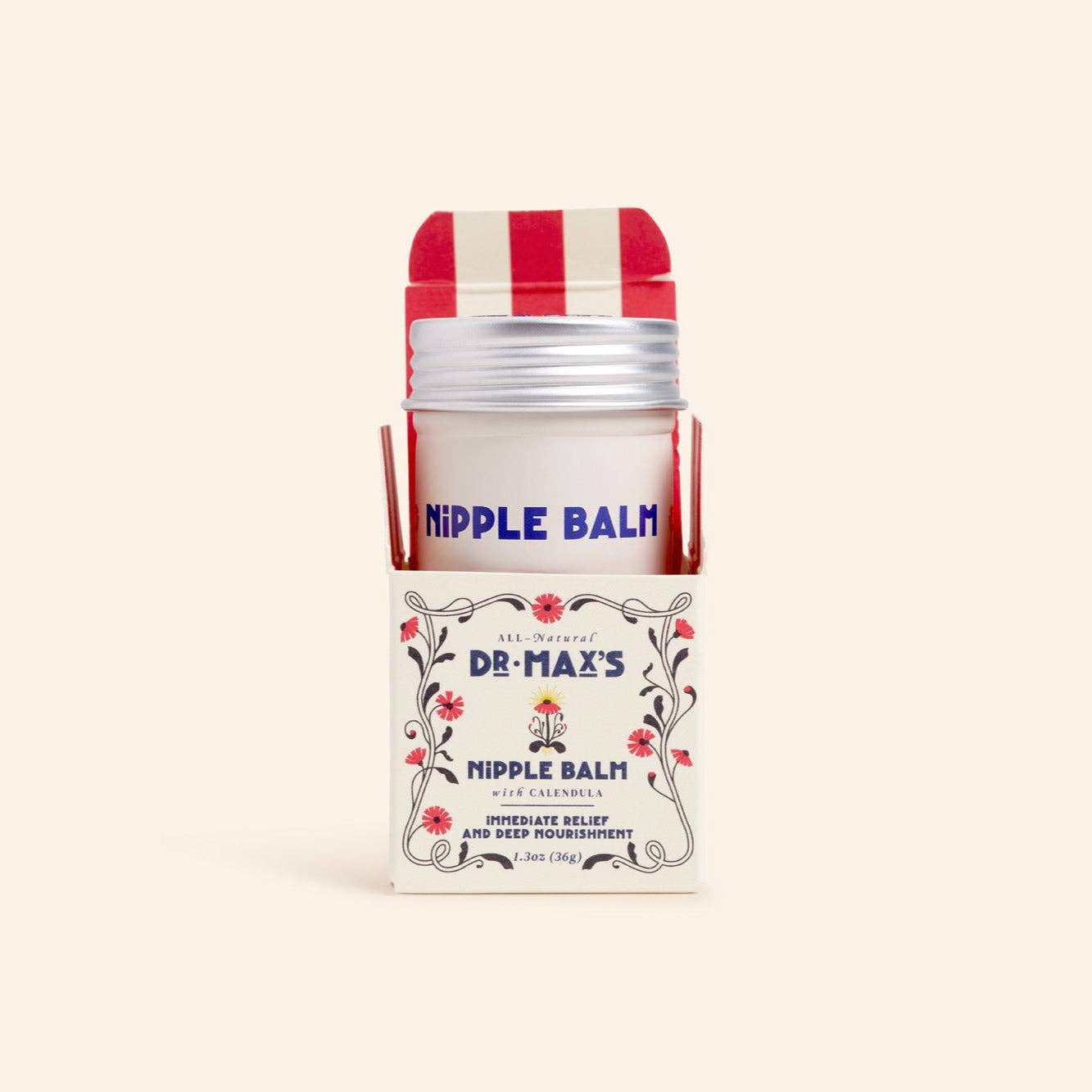 Dr. Max's Nipple Balm in a red and white striped container on a beige background
