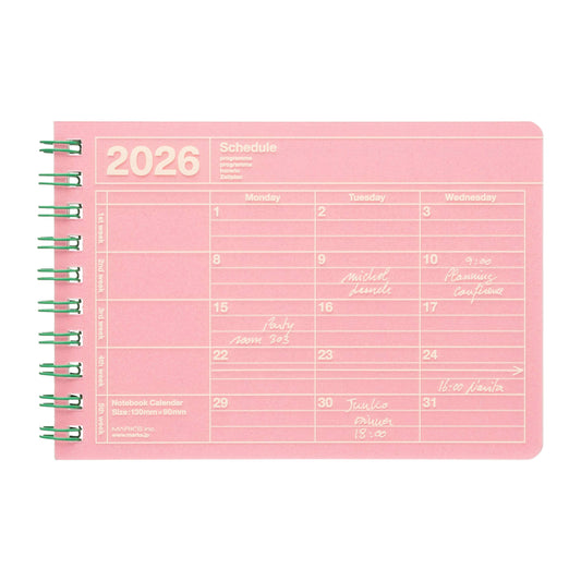 Pink planner with 2026 calendar on a white background