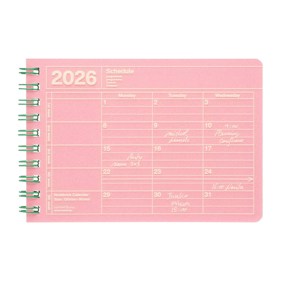 Pink planner with 2026 calendar on a white background