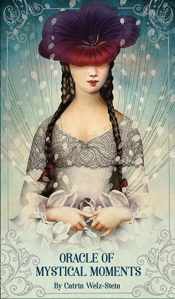 Product image of 'Oracle of Mystical Moments' tarot cards with artwork featuring a woman in a vintage style hat holding a book, in a whimsical garden setting.