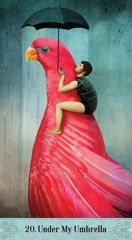 card from Oracle of Mystical Moments with big red bird and a boy riding it holding an umbrella