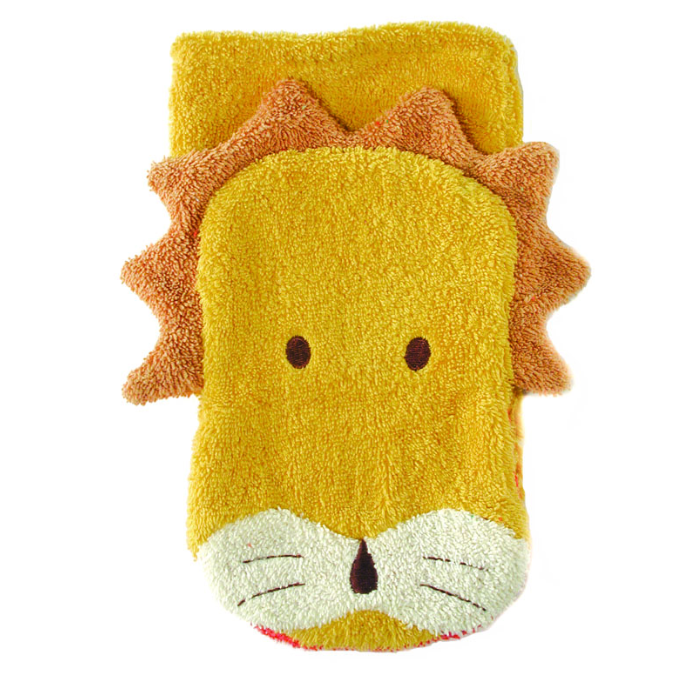Yellow lion-shaped bath mitt on a white background