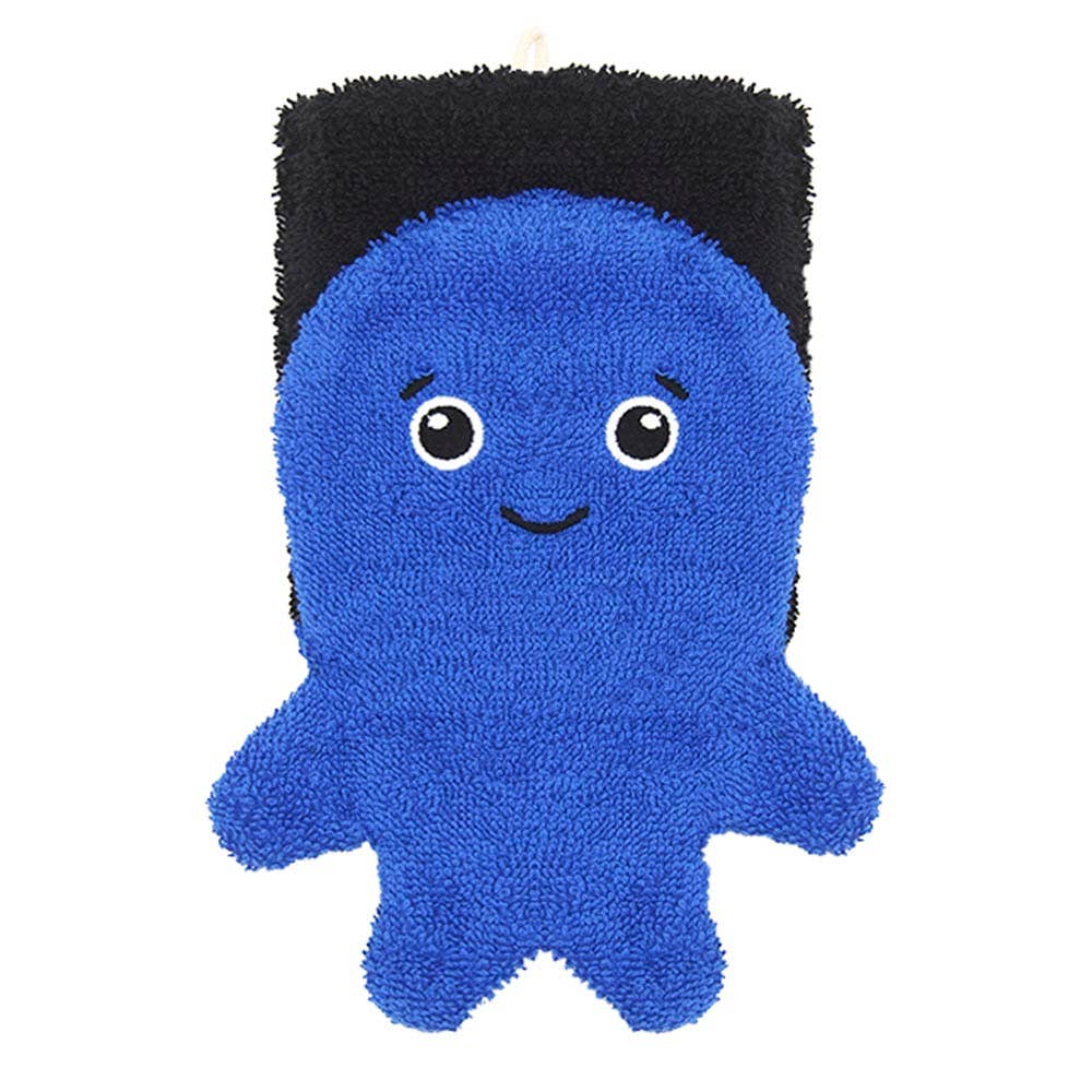 Blue plush toy with black hair on a white background