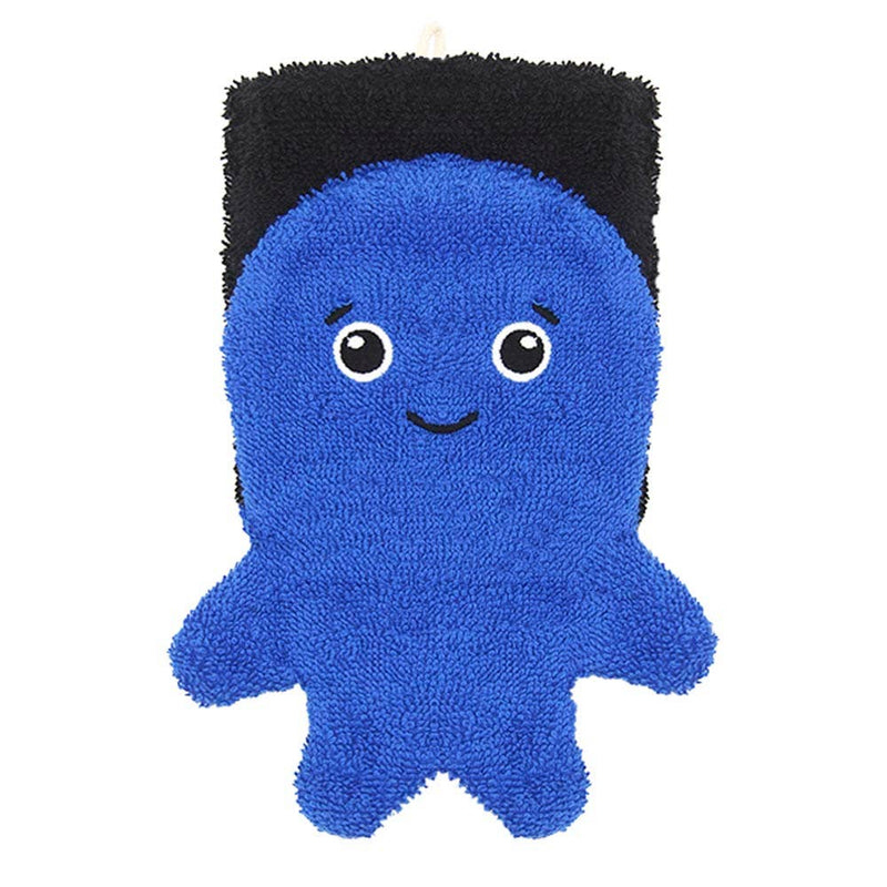 Blue plush toy with black hair on a white background