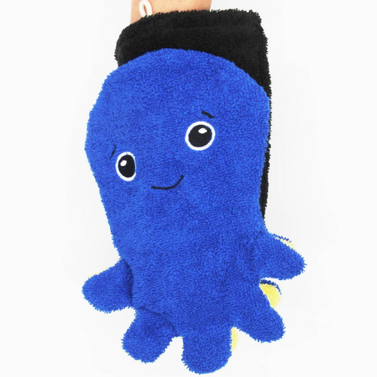 Blue plush octopus toy with a black top on a white background