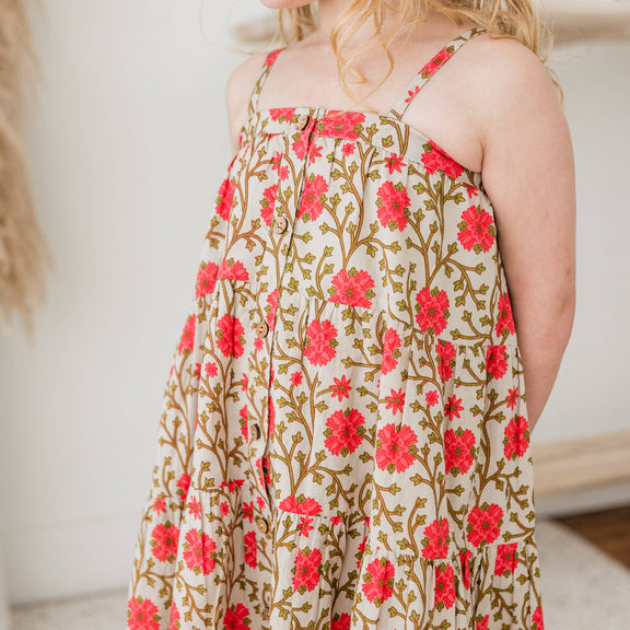 Child wearing a floral dress with red flowers on a neutral background