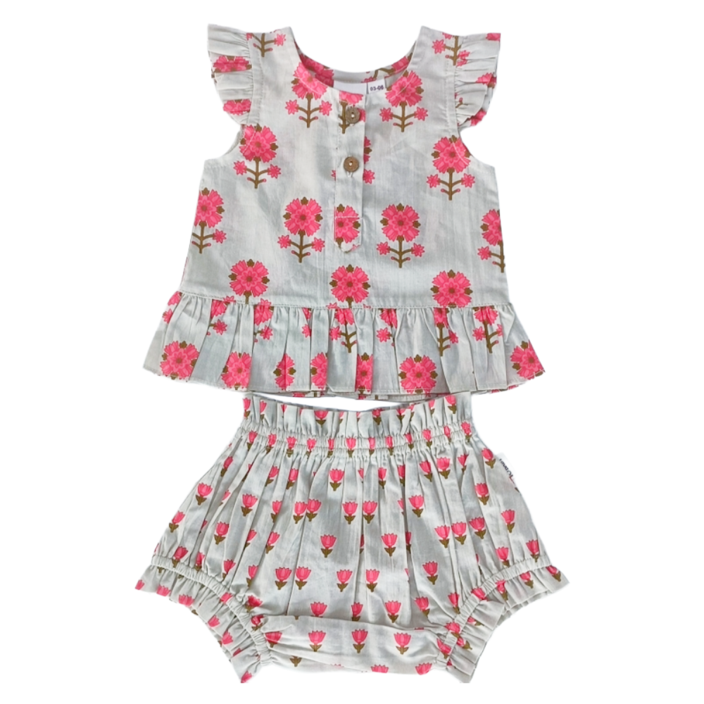 Pink Floral Sleeve Ruffle Top & Shorts Set