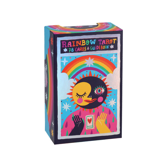 Colorful packaging of Rainbow Tarot cards with a rainbow design on a white background
