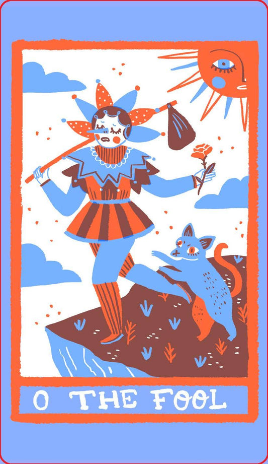 Tarot card featuring 'The Fool' with a blue and orange color scheme.