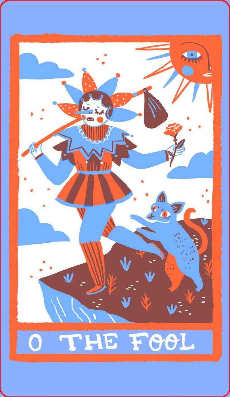 Tarot card featuring 'The Fool' with a blue and orange color scheme.