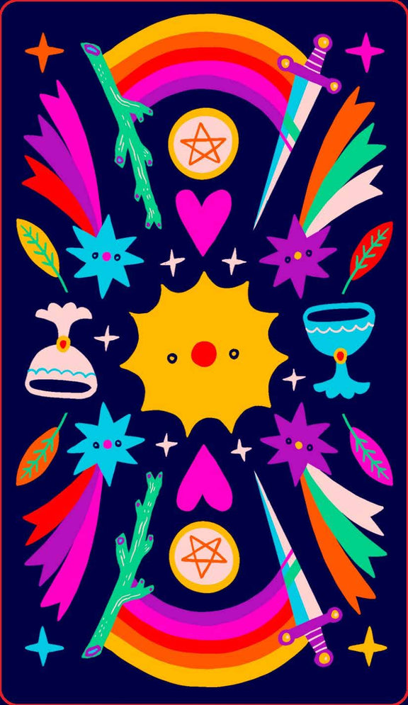 Colorful abstract design with symbols and elements on a dark background