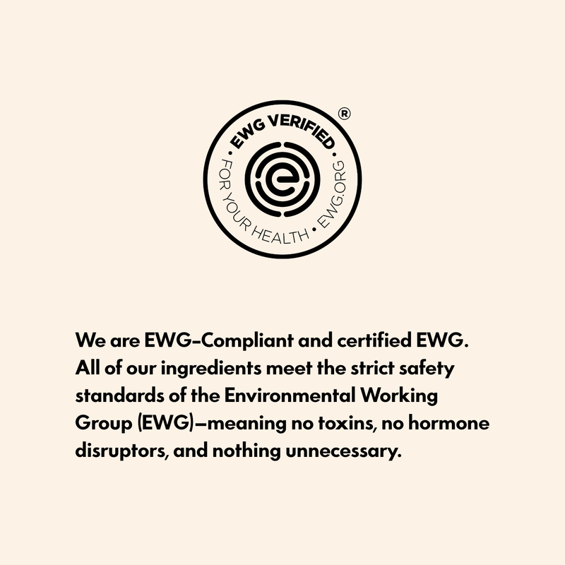 Certified EWG logo on a beige background with text about ingredient safety.