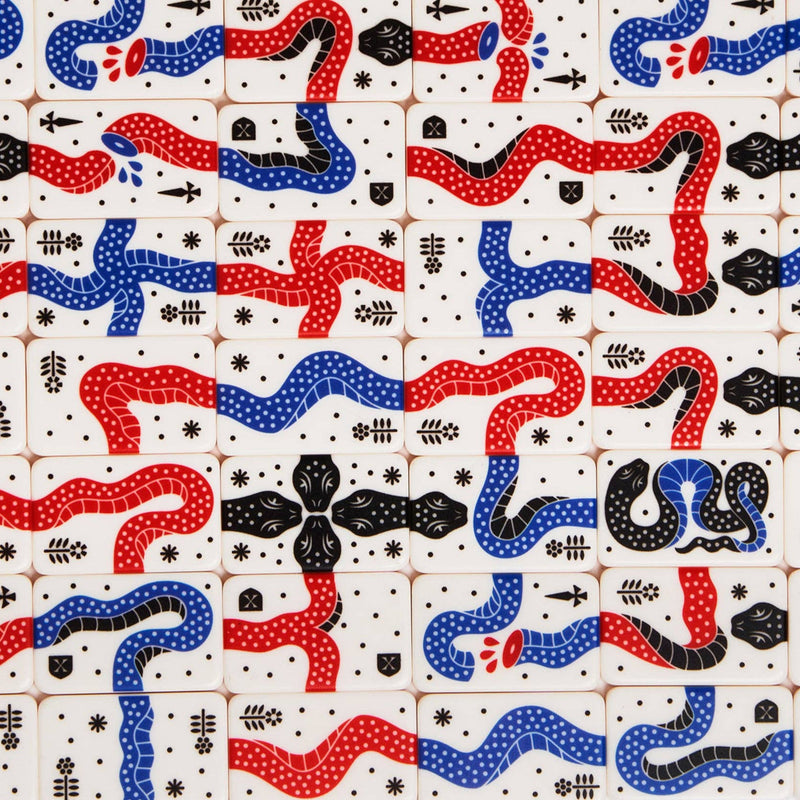 Pattern of red, blue, and black abstract shapes on a white background