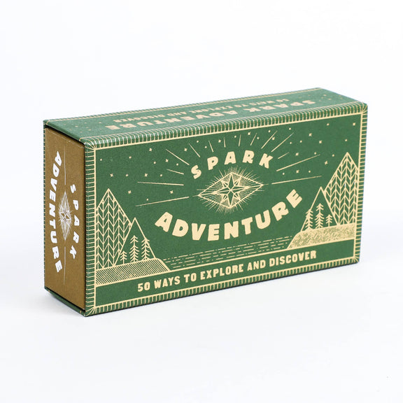 Green and brown box with 'Spark Adventure' text and mountain designs on a white background