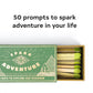 Matchbox with 'Spark Adventure' design and matches, text '50 prompts to spark adventure in your life'.