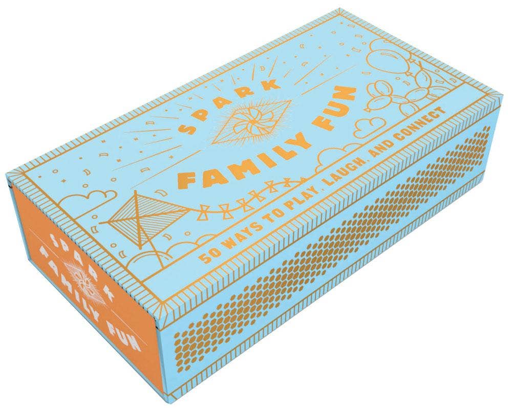 Box with 'Family Fun' text and decorative elements on a light blue and orange background