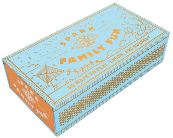 Box with 'Family Fun' text and decorative elements on a light blue and orange background