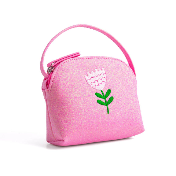 Pink pouch with a floral design on a white background