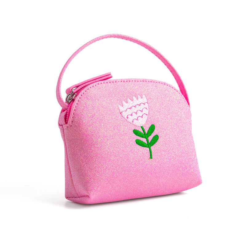 Pink pouch with a floral design on a white background