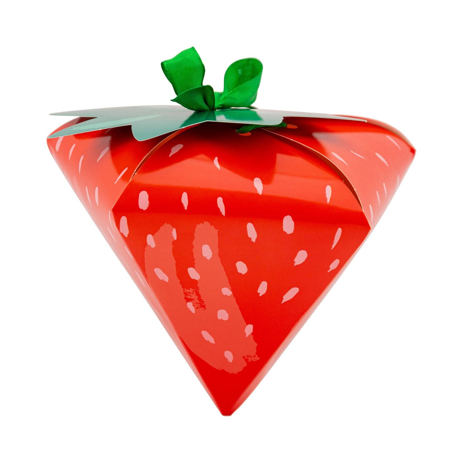Red strawberry-shaped gift box with green leaf on a white background