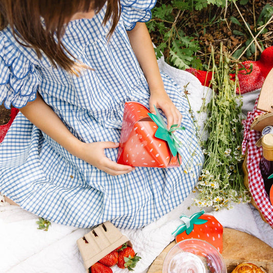 Person in a blue checkered dress sitting on a picnic blanket with strawberry-themed items.