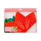 Strawberry-themed product packaging with a red and white checkered border on a white background.