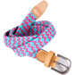 Woven belt with pink and blue pattern and brown leather buckle on a white background