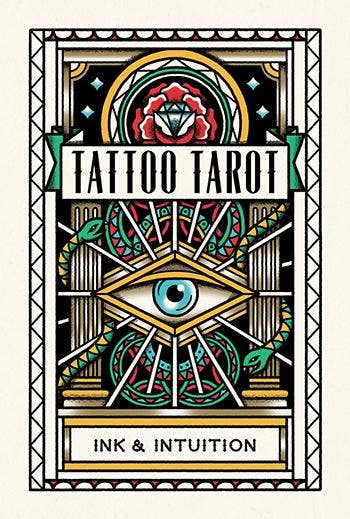 Cover of 'Tattoo Tarot' with decorative design elements on a white background