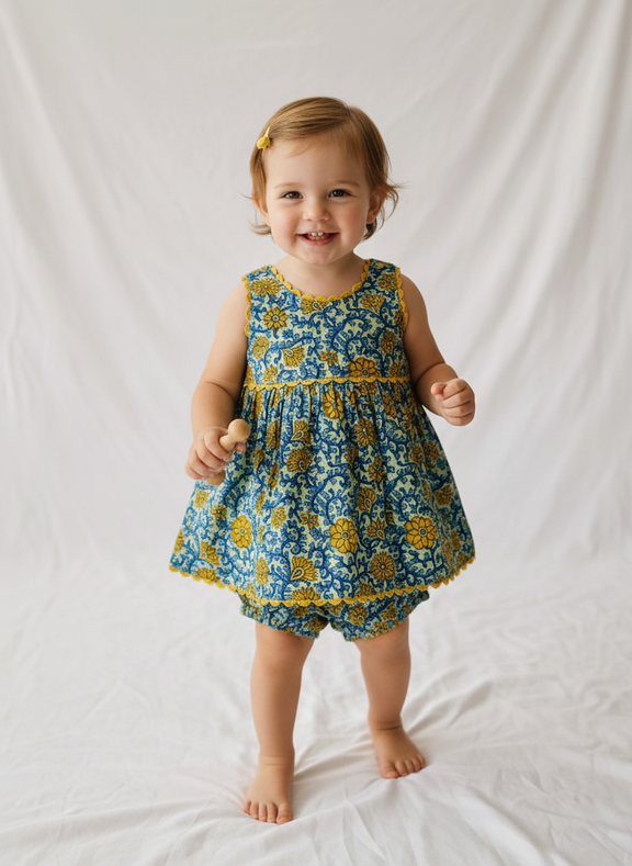 Child wearing a blue and yellow floral dress on a white background