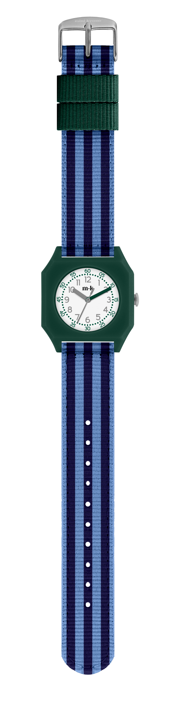 Watch with a green case and blue striped strap on a white background