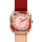 Watch with a red and beige strap on a white background