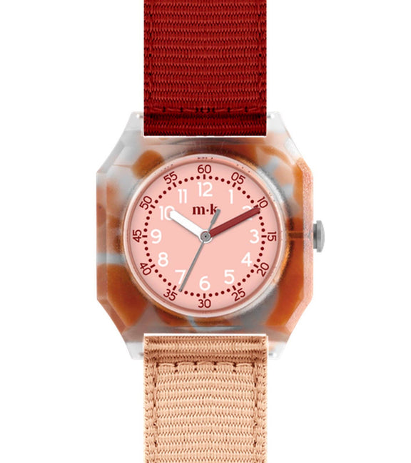 Watch with a red and beige strap on a white background