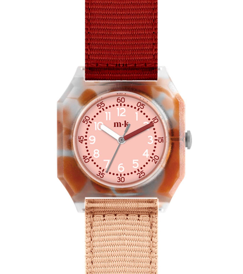 Watch with a red and beige strap on a white background
