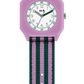 Watch with pink case and green striped strap on a white background