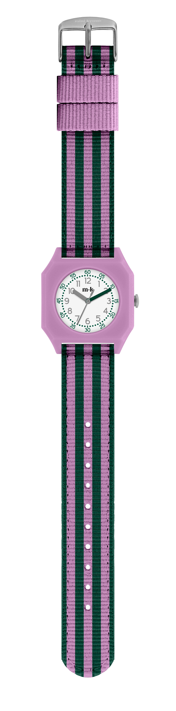 Watch with pink case and green striped strap on a white background