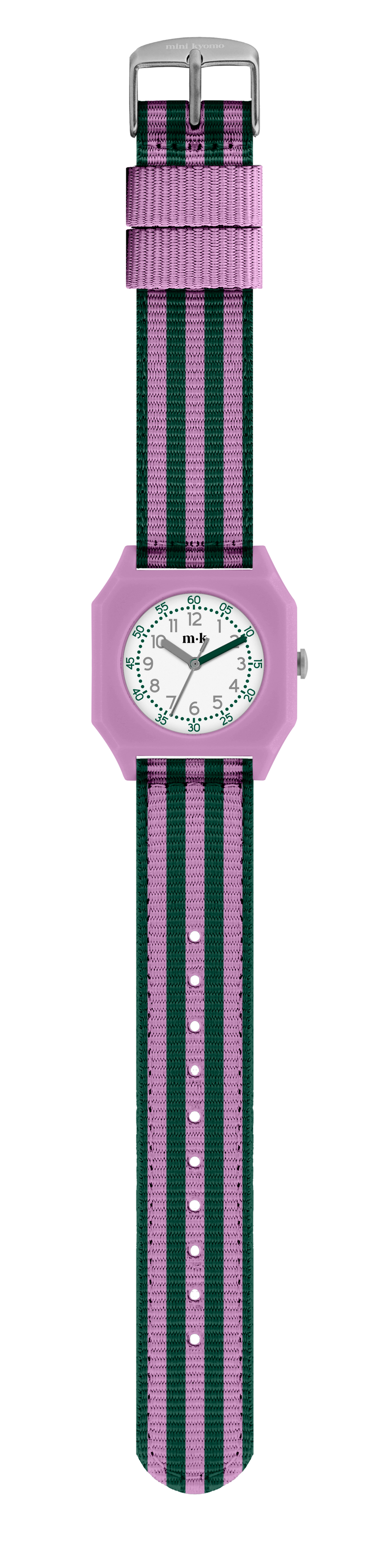 Watch with pink case and green striped strap on a white background